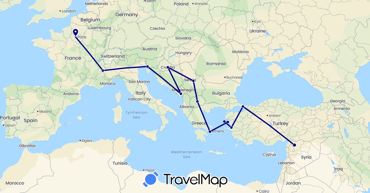 TravelMap itinerary: driving in France, Greece, Croatia, Italy, Montenegro, Macedonia, Serbia, Syria, Turkey (Asia, Europe)